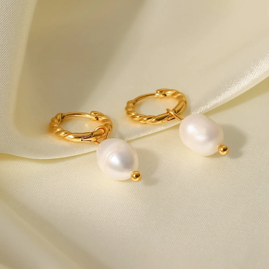 Natural Pearl- 18K Gold Plated Twist Hoop earrings