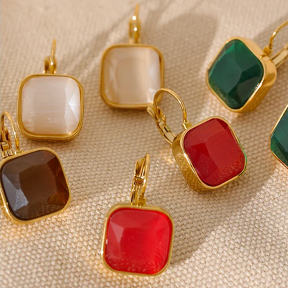 Square Opal Stone - Anti Tarnish French Hook Earrings 18k Gold Plated