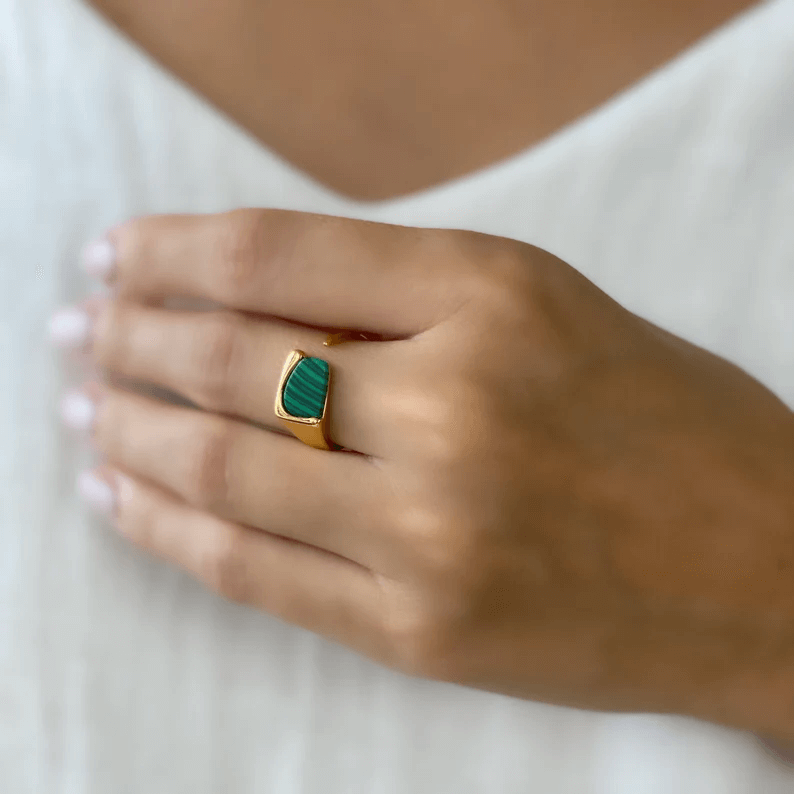 Natural Green Stone Opening Ring - 18K Gold Plated