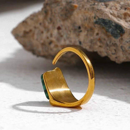 Natural Green Stone Opening Ring - 18K Gold Plated