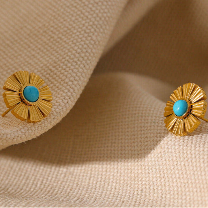 Blue Stone Daisy Flower earrings - WaterProof & Anti Tarnish