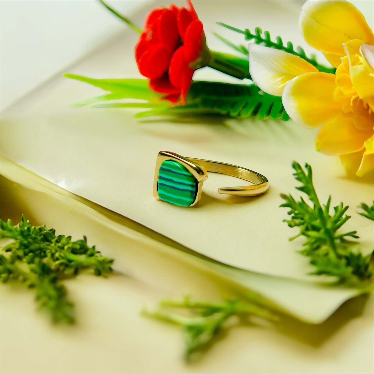 Natural Green Stone Opening Ring - 18K Gold Plated