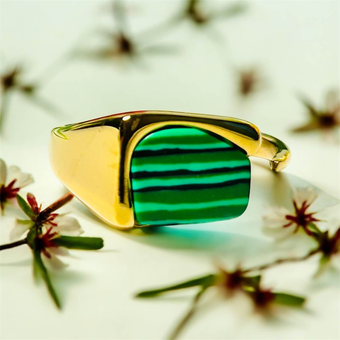 Natural Green Stone Opening Ring - 18K Gold Plated