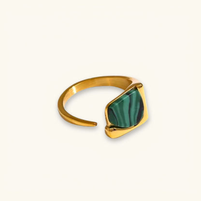 Natural Green Stone Opening Ring - 18K Gold Plated