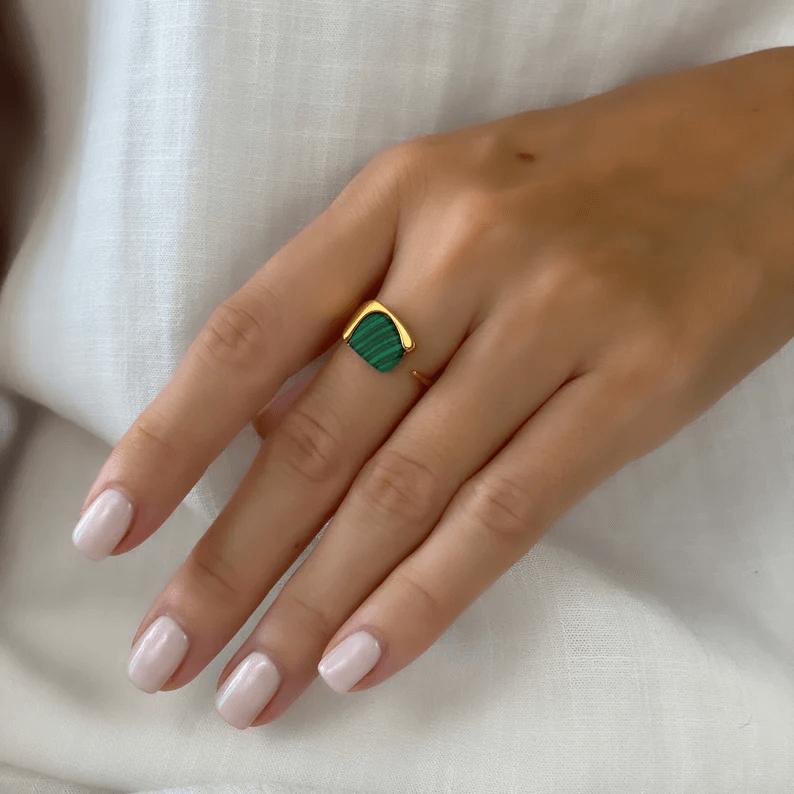 Natural Green Stone Opening Ring - 18K Gold Plated