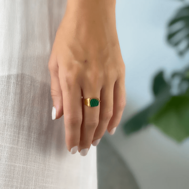 Natural Green Stone Opening Ring - 18K Gold Plated