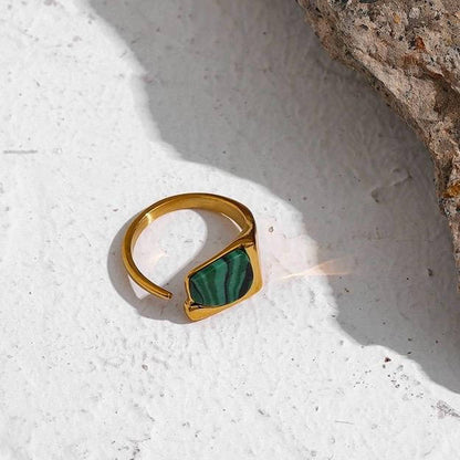 Natural Green Stone Opening Ring - 18K Gold Plated