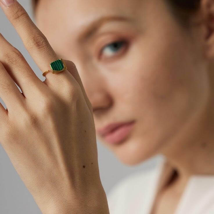 Natural Green Stone Opening Ring - 18K Gold Plated