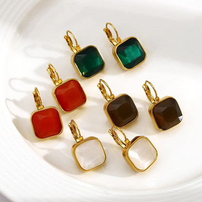 Square Opal Stone - Anti Tarnish French Hook Earrings 18k Gold Plated