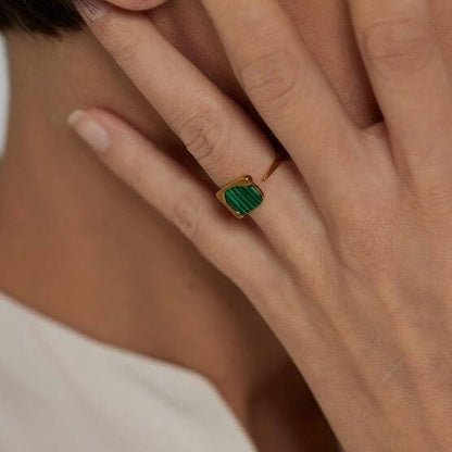 Natural Green Stone Opening Ring - 18K Gold Plated