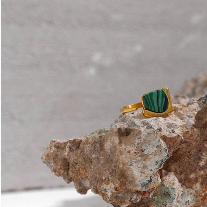 Natural Green Stone Opening Ring - 18K Gold Plated