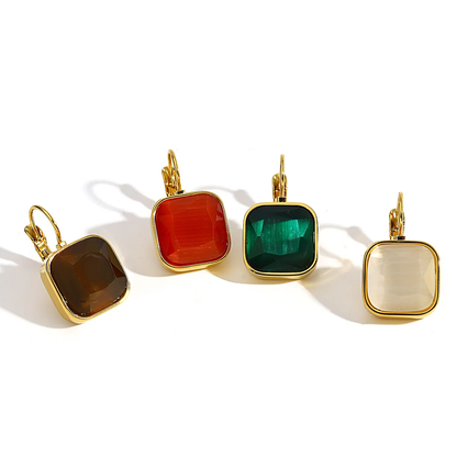 Square Opal Stone - Anti Tarnish French Hook Earrings 18k Gold Plated