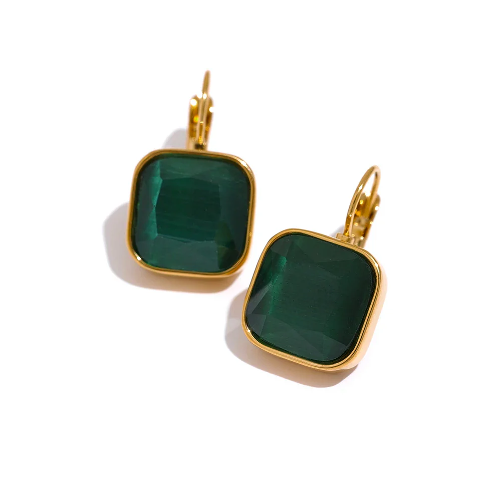 Square Opal Stone - Anti Tarnish French Hook Earrings 18k Gold Plated