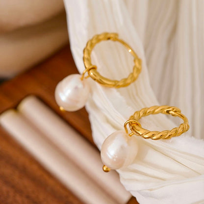 Natural Pearl- 18K Gold Plated Twist Hoop earrings