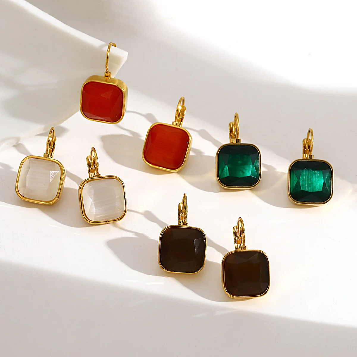 Square Opal Stone - Anti Tarnish French Hook Earrings 18k Gold Plated