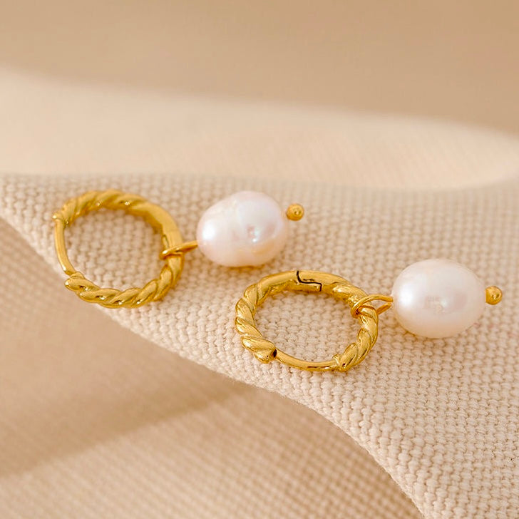 Natural Pearl- 18K Gold Plated Twist Hoop earrings