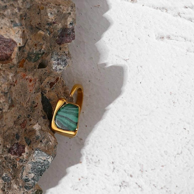 Natural Green Stone Opening Ring - 18K Gold Plated